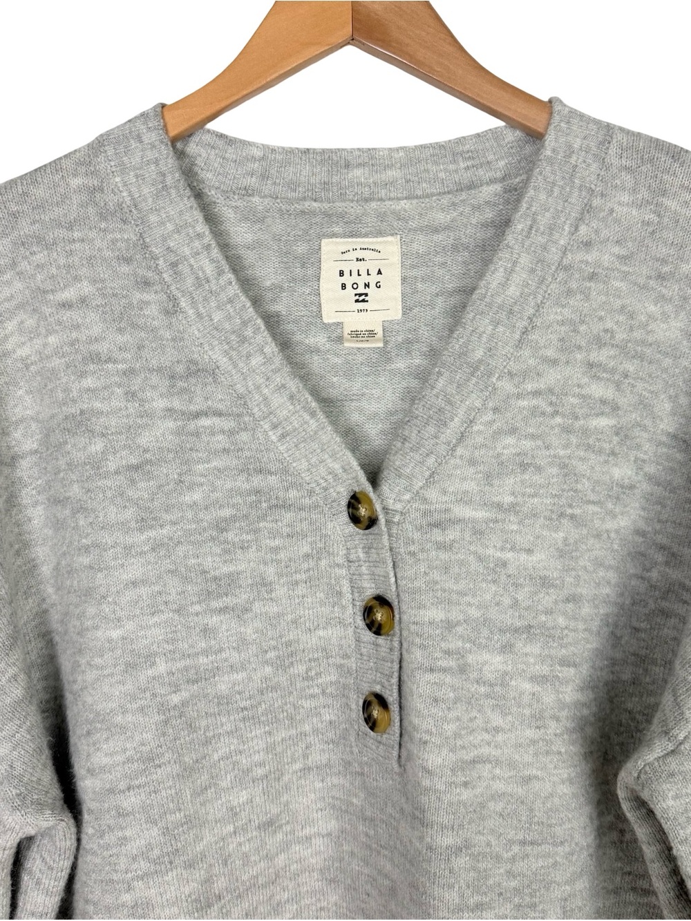Billabong women's V-neck long-sleeve henley sweater grey oversized size L - Picture 5 of 10